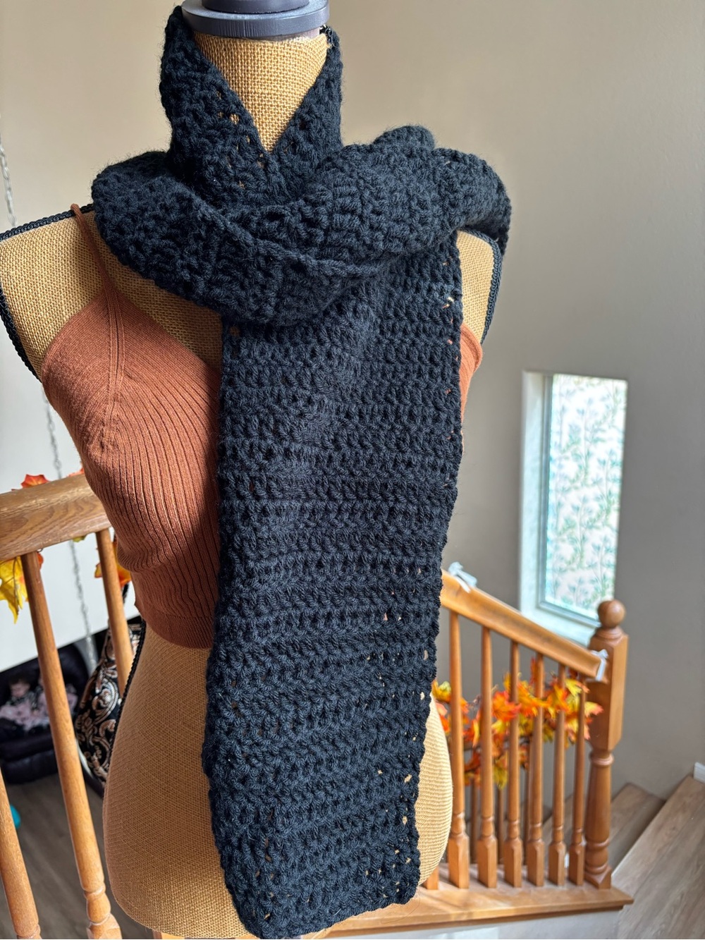 Men’s or Women’s Handmade Wide Black Crochet Scarf